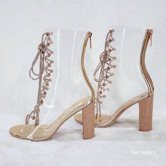 See Me Rose Gold Rhinestone Laces Heels Clear Upper Open Toe Ankle Boots NEW - Picture 7 of 13